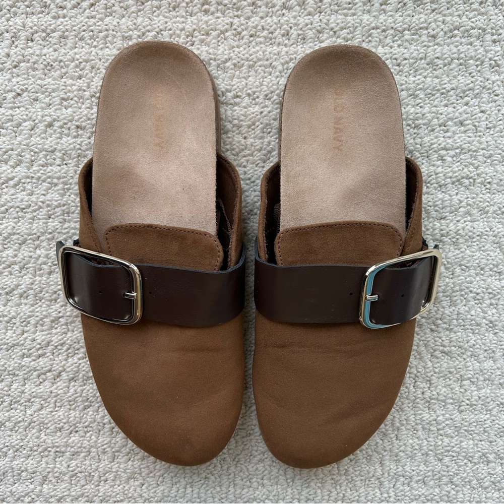 Old Navy Brown Suede Mule Clogs with Dark Brown Buckle Strap